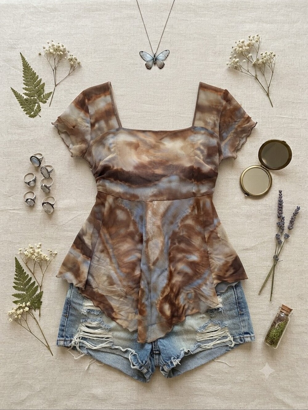 90s Y2K Cha Cha Vente Blue Brown Tie Dye Gradient Mesh Fairy Top